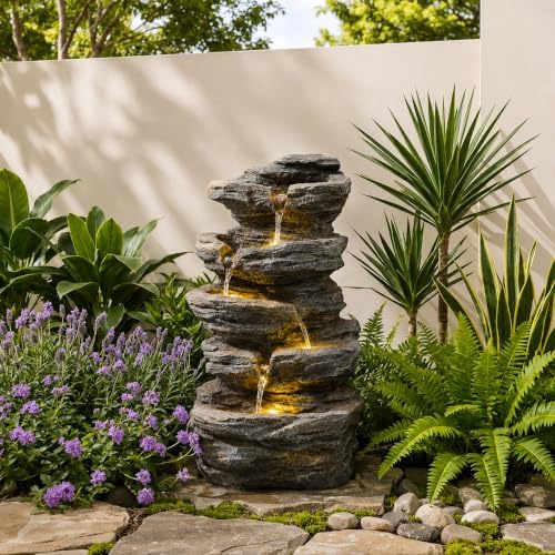 19.7" Tall Outdoor Water Fountain, 5 Tier Cascading Bowls and Stacked Water Fountain with LED Lights, for Yard Décor, Backyard, Patio and Deck (19.7'') by Unknown