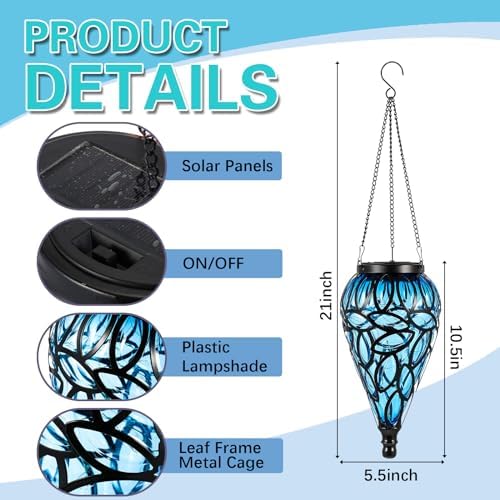 Tujoe 2 Pack Solar Hanging Lanterns Outdoor Lights, Blue - Image 2