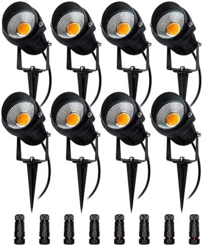 5W Low Voltage LED Landscape Lights,12V/24V AC/DC Landscape Lighting,Outdoor Lawn Tree Flag Spotlights with Spike Stand,IP65 Waterproof Garden Pathway Lights (8 Pack Warm White with Connector) by ELEGLO