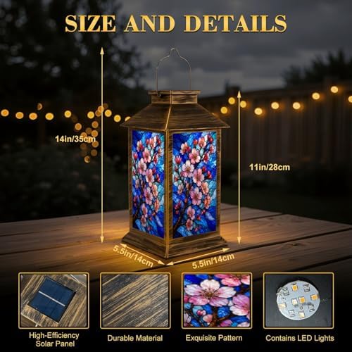 Solar Lantern Outdoor Waterproof Cherry Blossom Branch Pink Flowers Stained Glass Effect Style Blue Garden Decor LED Hanging Solar Lights Tabletop Lamp Gifts for Women Mom Outside Yard Patio Porch - Image 2