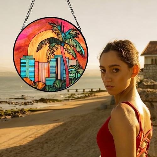 CHATYOUNG Stained Glass Window Hanging Sunrise Coconut Tree Large 11.8" - Colorful Suncatcher Door Garden Home Decor and Christmas Mother's Day Birthday Gifts for Grandma Mom Women Wife Friend Men - Image 5