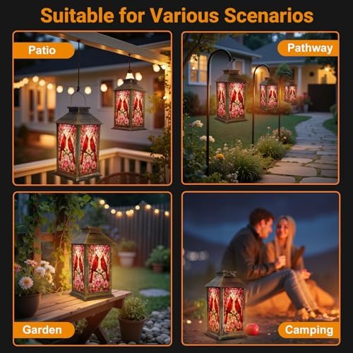 Solar Lantern Outdoor Waterproof Red Cardinals Flowering Branches Stained Glass Art Garden Decor LED Hanging Solar Lights Tabletop Lamp Gifts for Women Mom Outside Yard Patio Porch - Image 6