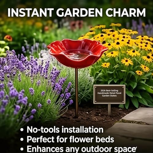 Handmade Metal Flower Garden Stake, 2 in 1 Detachable Outdoor Bird Bath & Pollinator Water Station, Weatherproof Bee Butterfly Drinking Bowl, Colorful Yard Lawn Art Decor Ornament (4, Green) - Image 5