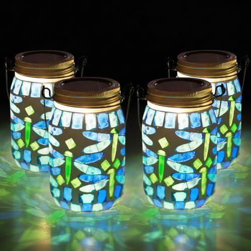 Starsoul 4 Pack Solar Hanging Lanterns Outdoor Waterproof, Mosaic Dragonfly Decor Glass Solar Outdoor Lights, Decorative Solar Lantern for Outside Pathway Patio Porch Yard Decor by Starsoul