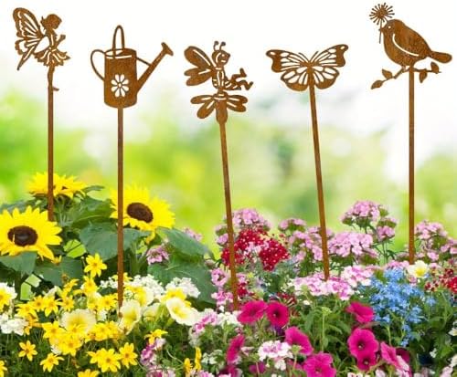 Garden Decorations 5pcs Rusty Metal Stakes - Rustic Outdoor Decor -of Rust-Look Stakes for, Patio Balcony - Vintage Yard Art with Handcrafted Appeal - Image 5