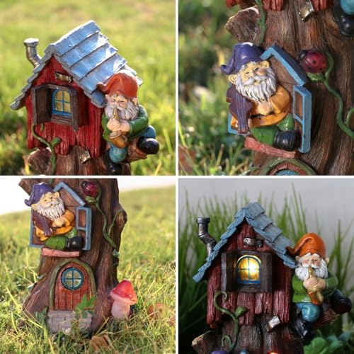 TERESA'S COLLECTIONS Gnome Treehouse Solar Resin Garden Statue 11" - Image 2