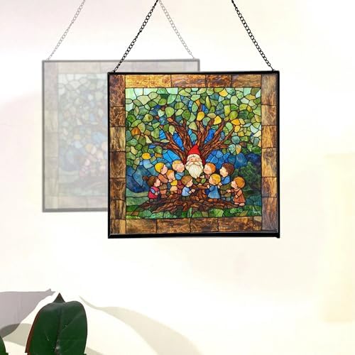 Gnome with Family Tree Stained Glass Suncatcher – Square Hanging Window Panel for Home, Garden, Nursery, Halloween, Christmas, Memorial Day – Whimsical Glass Art Gift for Gnome Lovers gvvriz - Image 4