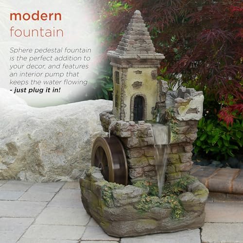 Alpine Corporation USA1164 Outdoor Floor Tiered Fairy Castle Waterwheel Water Fountain with Realistic Stone Look, 35", Brown - Image 6