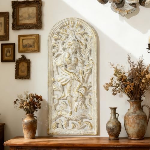 Sungmor Vintage Cast Iron Wall Plaque,Antique Style Ornate Woman & Floral Decorative Artwork,Rustic Farmhouse Wall Hanging for Living Room,Entryway Decor,White and Gold Finish - Image 6