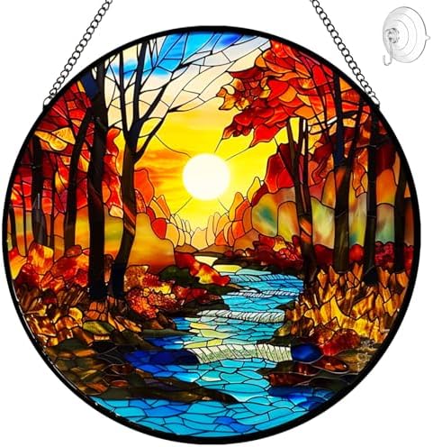 Fall Decor Sunrise Tree and River Landscape Stained Glass Suncatcher for Window Hanging - Handmade Mountains Sun Catchers Glass Panel Garden Decorations - Birthday Gifts for Women Men Mom Grandma by Tufeu