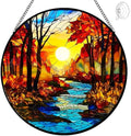 Fall Decor Sunrise Tree and River Landscape Stained Glass Suncatcher for Window Hanging - Handmade Mountains Sun Catchers Glass Panel Garden Decorations - Birthday Gifts for Women Men Mom Grandma by Tufeu