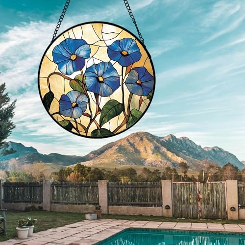 Stained Glass Window Hanging - Morning Glory Suncatcher for Door Garden Home Decor Birth Flower Sun Catcher Christmas Birthday for Lovers Friend Women Mom Nana 9.8 in - Image 3