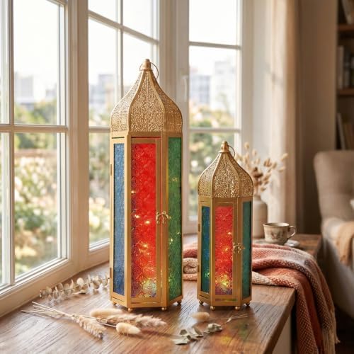 TRIROCKS Set of 2 Moroccan Candle Lanterns 22.5''&15'' H Decorative Candle Holder Hanging Lanterns with Embossed Colored Tempered Glass Ramadan Decorations for Home Outdoor Indoor Patio Weddings(Gold) - Image 7