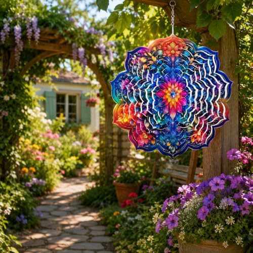 Shwing 12 Inch Wind Spinner Hanging Wind Sculptures Colorful Floral Metal Decor Double Sided Outdoor Kinetic Garden Art 3D Wind Spinner Hanging Ornament for Patio Porch Balcony Backyard Tree Decor by Unknown