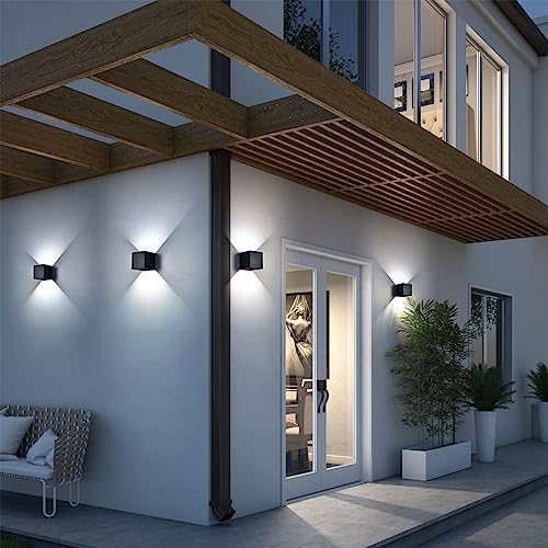 Mille Lucciole 4 Pack Outdoor Wall Lights Exterior/Interior LED Wall Sconces IP65 Waterproof Square Aluminum Wall Lamps Outdoor Lighting Fixture Up and Down Lights Modern Black 12W 6500K Cold Lights - Image 2