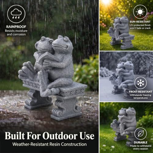 Frog Garden Statue Outdoor Decor, Cute Vintage Frogs Reading a Book on Bench Resin Sculpture, Animal Yard Art for Patio, Lawn, Yard, Housewarming Garden Gifts for Women (Grey) - Image 6