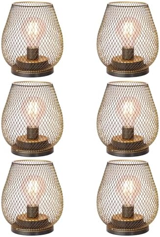 Set of 6 Battery Operated Lamp LED Table Lantern, Golden Metal Cage Cordless Lamps with LED Bulb, Vintage Decorative Outdoor Lantern for Weddings, Party, Patio, Events for Indoors Shelf Decor by DECORKEY