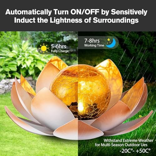 AIINY Garden Solar Lights Outdoor(2Pack), Amber Crackle Globe Glass Lotus Decoration, Waterproof Orange Metal LED Flower Lights for Patio,Lawn,Walkway,Tabletop,Ground, Garden Gifts for Women - Image 5
