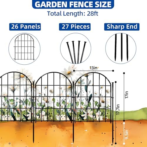 26 Pack Decorative Garden Fence, 22in X 28ft Arched No Dig Fence Border, Garden Edging Border, Rustproof Metal Animal Barrier with Ground Stake for Dog, Rabbit, Outdoor Yard Patio Decor - Image 2