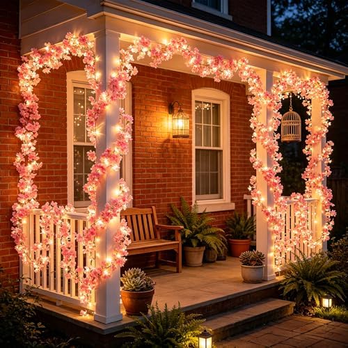 GOESWELL Solar Flowers Vine Lights : 32.8Ft 100Led Warm White Fairy Lights with Remote Timer Dimmable for Garden Fence Balcony - Solar Cherry Blossom String Lights for Patio Yard Pathway Wedding Decor - Image 2