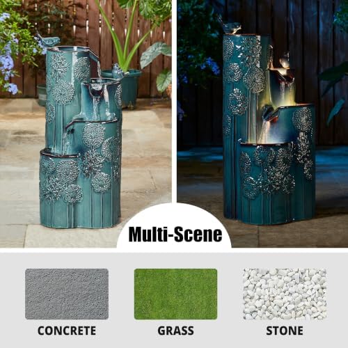 Glitzhome 31.75" H Ceramic Outdoor Water Fountain with LED Lights, 4-Tier Vase Outdoor Fountain, Turquoise Glaze,Dandelion Texture, Bird Bath Cascading Waterfall for Garden, Patio, or Porch - Image 4