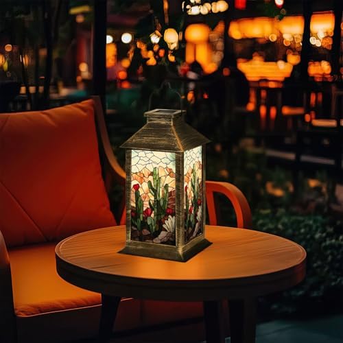 Solar Lantern Vivid Stained Glass Western Scene Mountains Outdoor Waterproof Garden Hanging Lantern Solar Powered Lighting Outside Table Lamp for Patio Deck Camping 1 Pack - Image 7