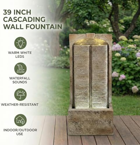 39" Outdoor Water Fountain with Pump, Warm White LED Lights, Brown - Image 5