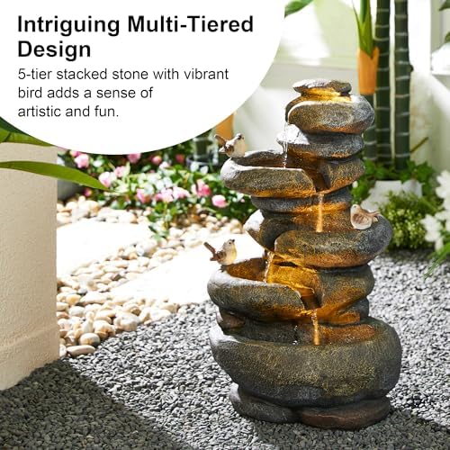 Glitzhome 5-Tier Cascading Rock Outdoor Water Fountain with LED Light & Pump, Natural Stacked Stone Look Water Fountain with Lively Birds for Garden, Patio, Porch, 23”H - Image 3