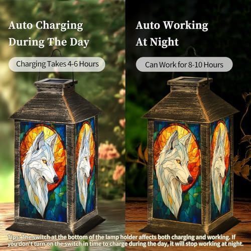 Solar Lantern Wolf Stained Glass Portrait Golden Sun Halo Blue Mosaic Wildlife Art Outdoor Waterproof Hanging Solar Light Outside Lights for Patio Yard House Lawn Decor Birthday Gifts for Women Mom - Image 4