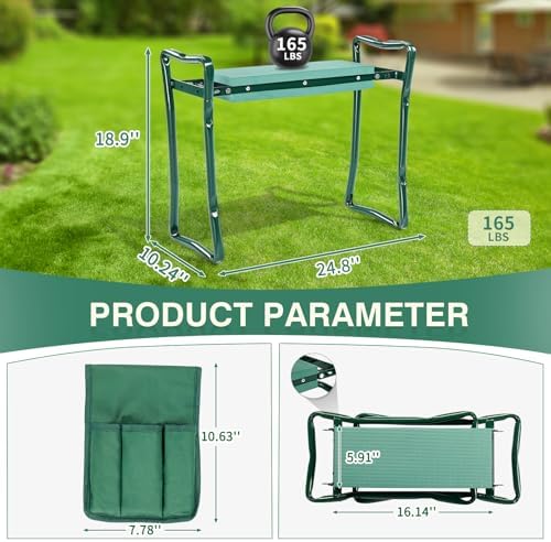 VINGLI 24in Foldable Garden Kneeler and Seat with Tool Pouch, 2-in-1 Function Portable Thicken Soft Kneeling Pad Garden Stool for Backyard, Green, Gifts for Garden Enthusiasts - Image 3
