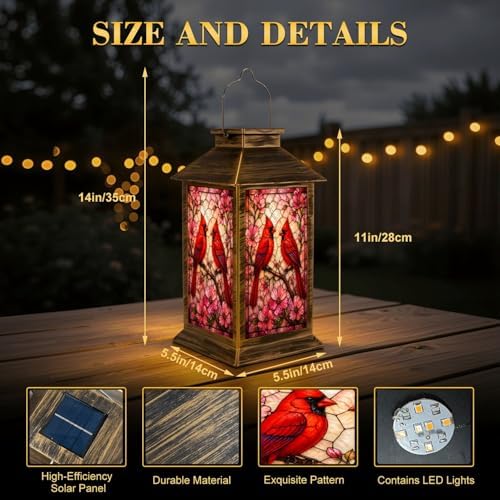 Solar Lantern Outdoor Waterproof Red Cardinals Flowering Branches Stained Glass Art Garden Decor LED Hanging Solar Lights Tabletop Lamp Gifts for Women Mom Outside Yard Patio Porch - Image 2