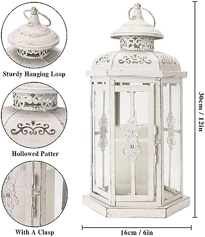 JHY DESIGN Rustic Decorative Lanterns 12" H Medium Candle Lantern Vintage Metal Candle Holder for Indoor Outdoor, Events, Parities, Patio and Wedding(White with Gold Brush) - Image 3
