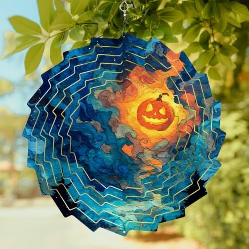 10 Inch Halloween Wind Spinner for Yard and Garden, Blue Night Sky Mystical Glowing Pumpkin Hanging Ornaments Outdoor 3D Kinetic Wind Sculpture Spinners Indoor Outdoor Patio Décor Ornaments Gift - Image 2