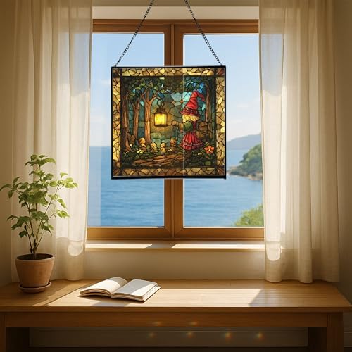 Gnome with Lantern Stained Glass Suncatcher – Square Hanging Window Panel for Home, Garden, Nursery, Halloween, Christmas, Memorial Day – Whimsical Glass Art Gift for Gnome Lovers qtaluf - Image 6