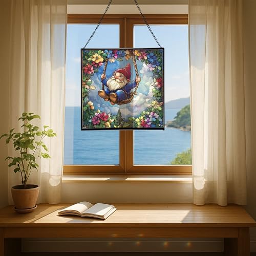 Wreath Swing Gnome Stained Glass Suncatcher – Square Hanging Window Panel for Home or Greenhouse – Whimsical Glass Art Gift for Garden Lovers, Christmas, Halloween, Father Days u0rdBM - Image 6