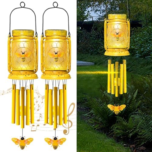 2 Pack Solar Bee Wind Chimes for Outside for Mom Women Grandma,Solar Bee Mason Jar Wind Chime Light Unique Hanging Wind Chimes Outdoor,IP65 Waterproof, for Yard Garden Terrace by Vcdsoy