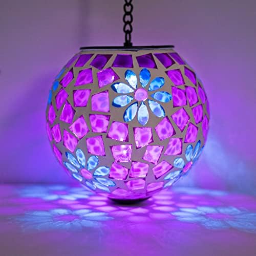 Mosaic Solar Lantern Outdoor Waterproof Glass Hanging Solar Lights, Purple - Image 6