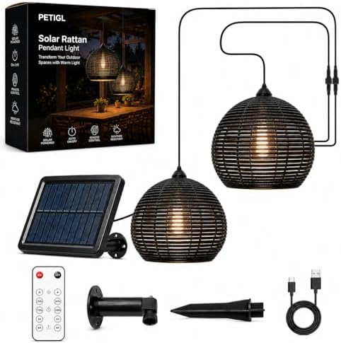 Rattan Solar Lanterns Outdoor, Solar Powered Hanging Lamp with Remote Control, 16.4FT Cord, Warm Outdoor Pendant Light for Patio, Porch, Gazebo, Pergola, Garden (2 Pcs Grey) by Petigl
