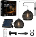 Rattan Solar Lanterns Outdoor, Solar Powered Hanging Lamp with Remote Control, 16.4FT Cord, Warm Outdoor Pendant Light for Patio, Porch, Gazebo, Pergola, Garden (2 Pcs Grey) by Petigl