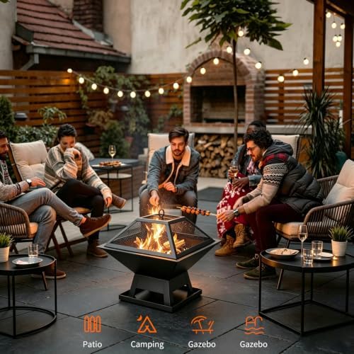 19.8" Square Outdoor Fire Pit Table with Fire Poker & Mesh Lid, Metal Wood Burning Stove, Brazier Patio Outside Heating for Backyard Log Burning Camping - Image 6