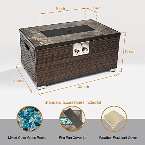 32'' Propane Fire Pit Table, Marble Textured Ceramic Tabletop, 50,000 BTU Fire Table with Brown Wicker, Mix Color Glass Rocks, Including Lid&Cover, Rectangle, Tank Required to Be Kept Outside - Image 3