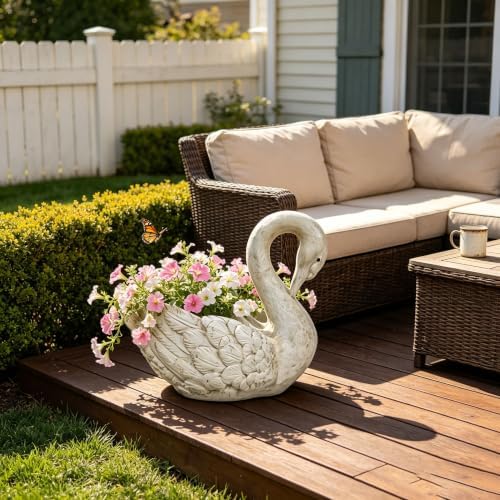 15.75'' Swan Planter Statue, Resin Swan Flower Pot Sculpture,White - Image 4