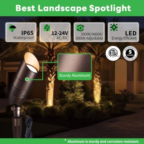 LED Spotlight, 3000K/4000K/5000K Adjustable Color Temperature Waterproof Outdoor Landscape Uplight, 12V AC/DC Wired Durable Aluminum ORB for Tree Garden Wall 4 Pack - Image 2