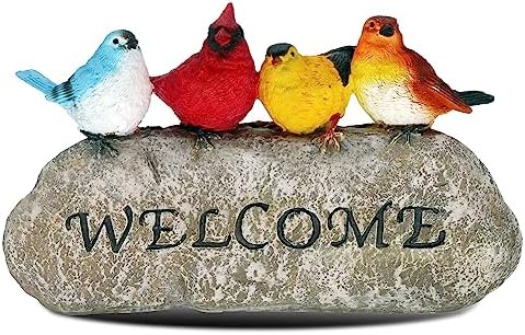 Bird Welcome Sign Stone Statue for Yard Patio Lawn Multicolored Indoor Outdoor Outside Birdy Garden Decor Funny Fairy Ornaments Figurine Home Decorations by memeyou