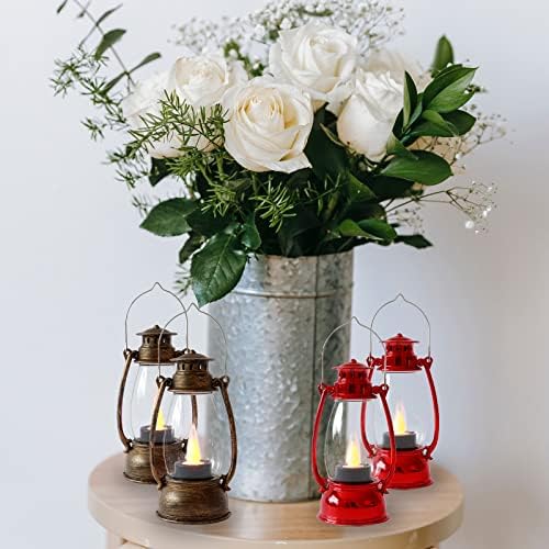 Red Mini Lanterns(12 Pcs-5.1in) with Flickering LED Candle Lights, Vintage Small Western Lanterns for Table Centerpiece, Indoor & Outdoor Christmas Tree Ornaments, Camping Party Decorations - Image 4