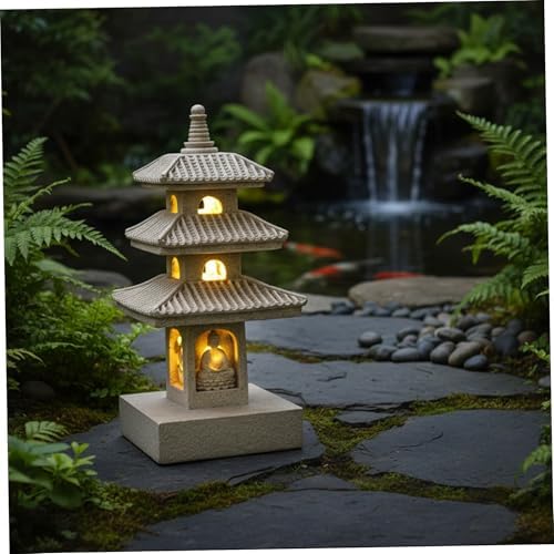 Pagoda Garden Statue, 10 Inch Weatherproof Solar Garden Decor, LED Light Zen Japanese Lantern for Backyard Balcony Patio Lawn Yard, Khaki Pagoda Statue - Image 6