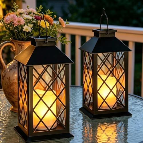 2 Pack 14" Large Tempered Glass Solar Lanterns Outdoor Waterproof, Black by Cozymeow