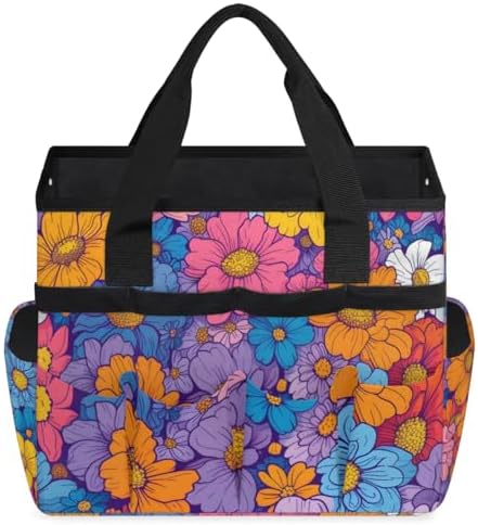 Garden Tool Bag Organizer Garden Tote Bag with Pockets Rainbow Flowers Tool Storage Organizer Gardening Tool Kit Holder 13" x 6.8" x 2.8" - Image 2