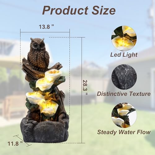 28" Outdoor Water Fountain with Led Lights, 4-Tiered Owl & Calla Lil Water Fountain, Outdoor Garden Waterfall Decor for Garden, Patio, Courtyard - Image 2