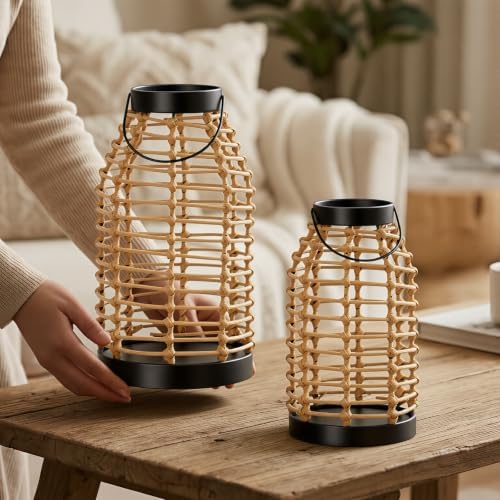 Rattan Lanterns Decorative Indoor 2-Pack, Handmade Boho Candle Lantern - Image 6